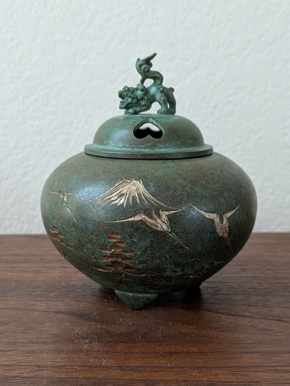 Maki-e Koro Japanese Green Bronze Incense Burner Takaokan Fuji Crane Fu Dog